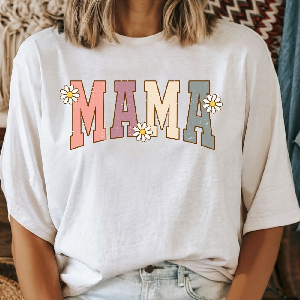 NEW Trendy Comfort Colors Soft Cotton Multi-Color Mama Daisy Graphic Tee Shirt